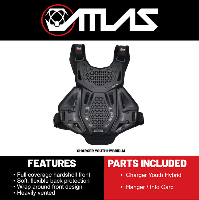 Atlas Charger Youth Hybrid Ai Chest & Back Protector - Black - Adapted Impact Ai Technology Roost Guard - CE level 2: EN 1621-3 level 2 chest / EN 1621-2 Level 2 back - Youth MX Off-Road Body Armor