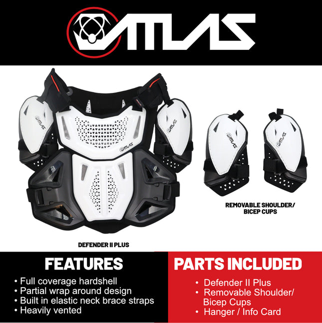 Atlas Defender 2.0 Chest & Back Protector Plus Shoulders - White L/XL - Multi-Panel Hardshell Roost Guard - CE Stoneshield EN 14021 - MX Off-Road Body Armor