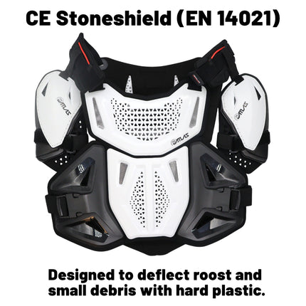 Atlas Defender 2.0 Chest & Back Protector Plus Shoulders - White L/XL - Multi-Panel Hardshell Roost Guard - CE Stoneshield EN 14021 - MX Off-Road Body Armor