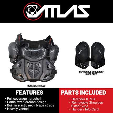 Atlas Defender 2.0 Chest & Back Protector Plus Shoulders - Black S/M - Multi-Panel Hardshell Roost Guard - CE Stoneshield EN 14021 - MX Off-Road Body Armor