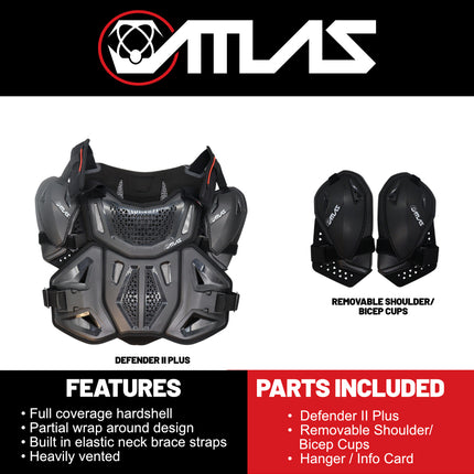 Atlas Defender 2.0 Chest & Back Protector Plus Shoulders - Black L/XL - Multi-Panel Hardshell Roost Guard - CE EN 1621-3 Level 1 Chest / EN 1621-2 Level 1 Back - MX Off-Road Body Armor