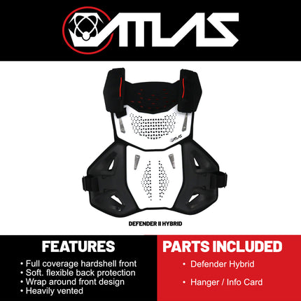 Atlas Defender Hybrid Ai Chest & Back Protector - White L/XL - Adapted Impact Ai Technology Roost Guard - CE EN 1621-3 Level 2 Chest / EN 1621-2 Level 2 Back - MX Dirt Bike Off-Road Body Armor