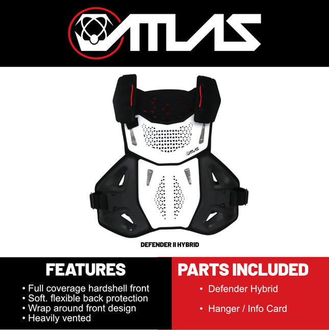 Atlas Defender Hybrid Ai Chest & Back Protector - White L/XL - Adapted Impact Ai Technology Roost Guard - CE EN 1621-3 Level 2 Chest / EN 1621-2 Level 2 Back - MX Dirt Bike Off-Road Body Armor