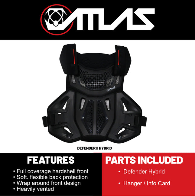 Atlas Defender Hybrid Ai Chest & Back Protector - Black S/M - Adapted Impact Ai Technology Roost Guard - CE EN 1621-3 Level 2 Chest / EN 1621-2 Level 2 Back - MX Dirt Bike Off-Road Body Armor