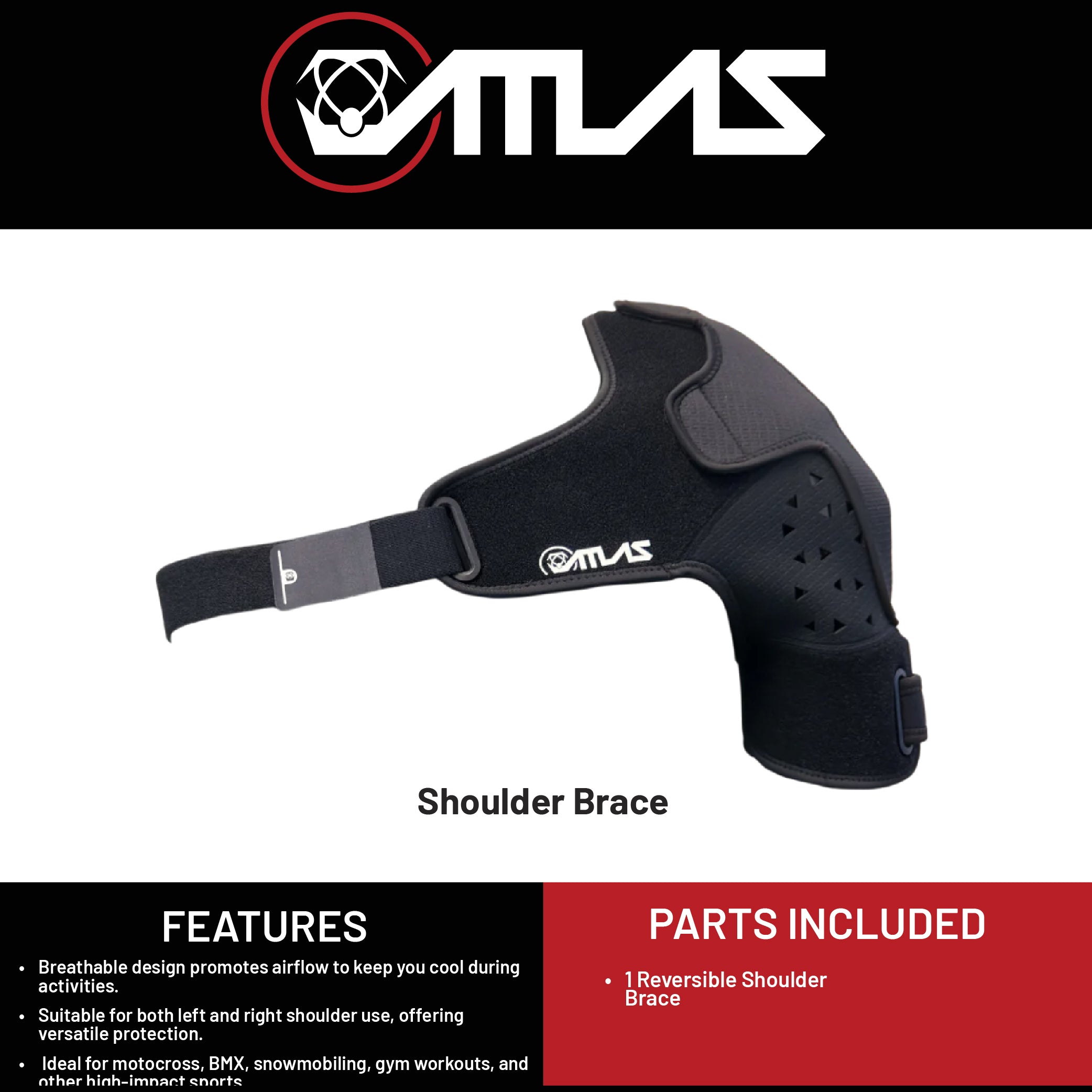 Atlas (A2050-01-010) Shoulder Brace Black, SM/MD, CE Certified, Reversible Design for Left or Right Shoulder, Adjustable Support for Sports and Injury Recovery