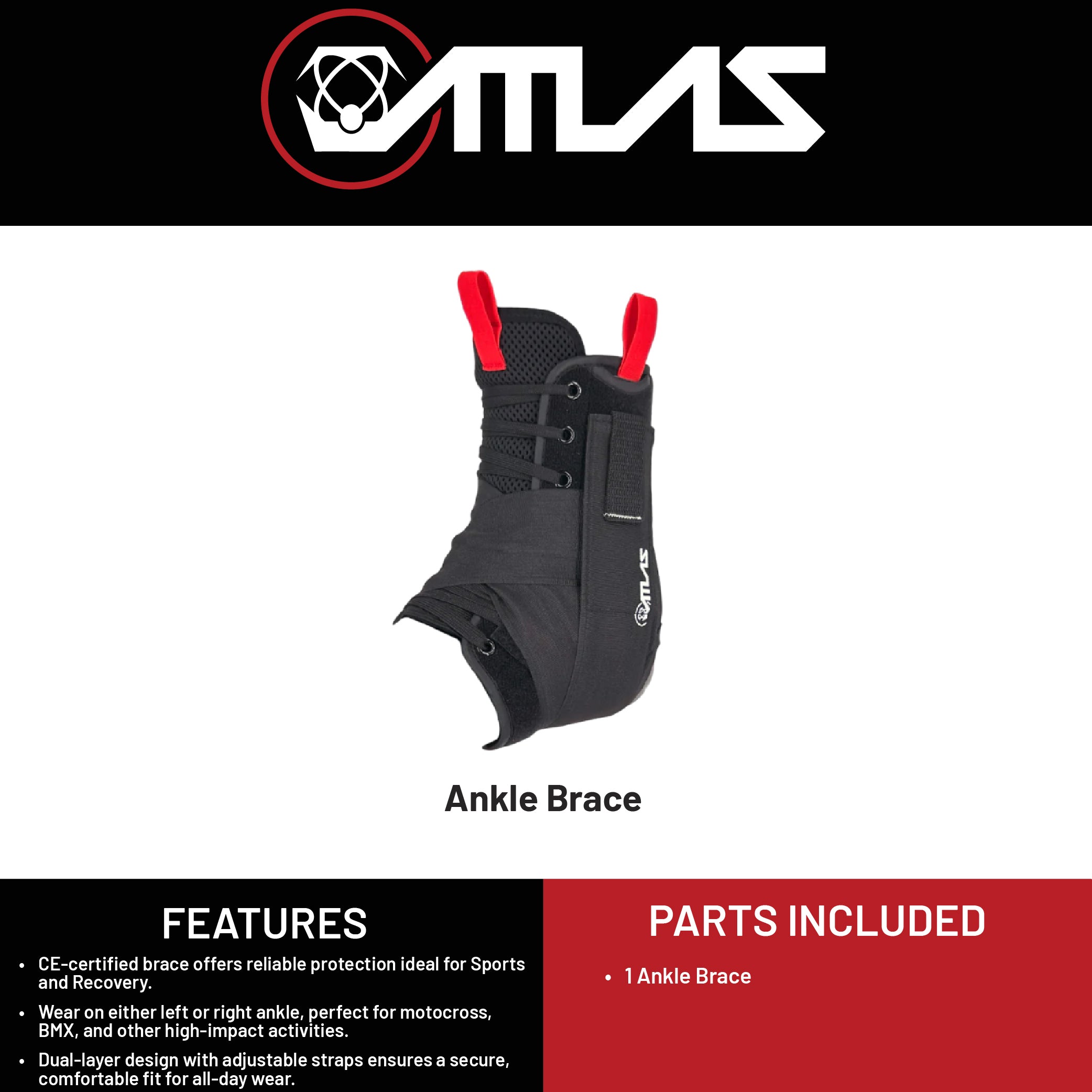 Atlas A2060-01-020 Ankle Brace Black, LG/XL, CE Certified, Reversible Design for Left or Right Ankle, Adjustable Support for Sports and Injury Recovery