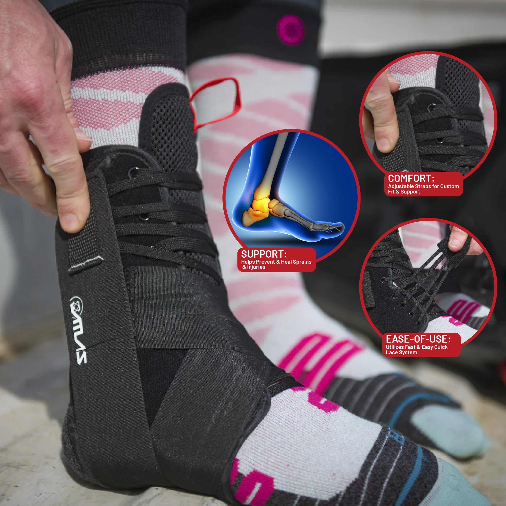 Atlas A2060-01-020 Ankle Brace Black, LG/XL, CE Certified, Reversible Design for Left or Right Ankle, Adjustable Support for Sports and Injury Recovery