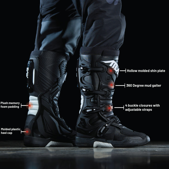 Atlas Brace Traction Motocross Boots (Adult - Size: 7) with Mud Gaiter, 4-Buckle Closure, & Memory Foam Padding for Use In: Enduro Racing, Powersports, & Motocross (Black)