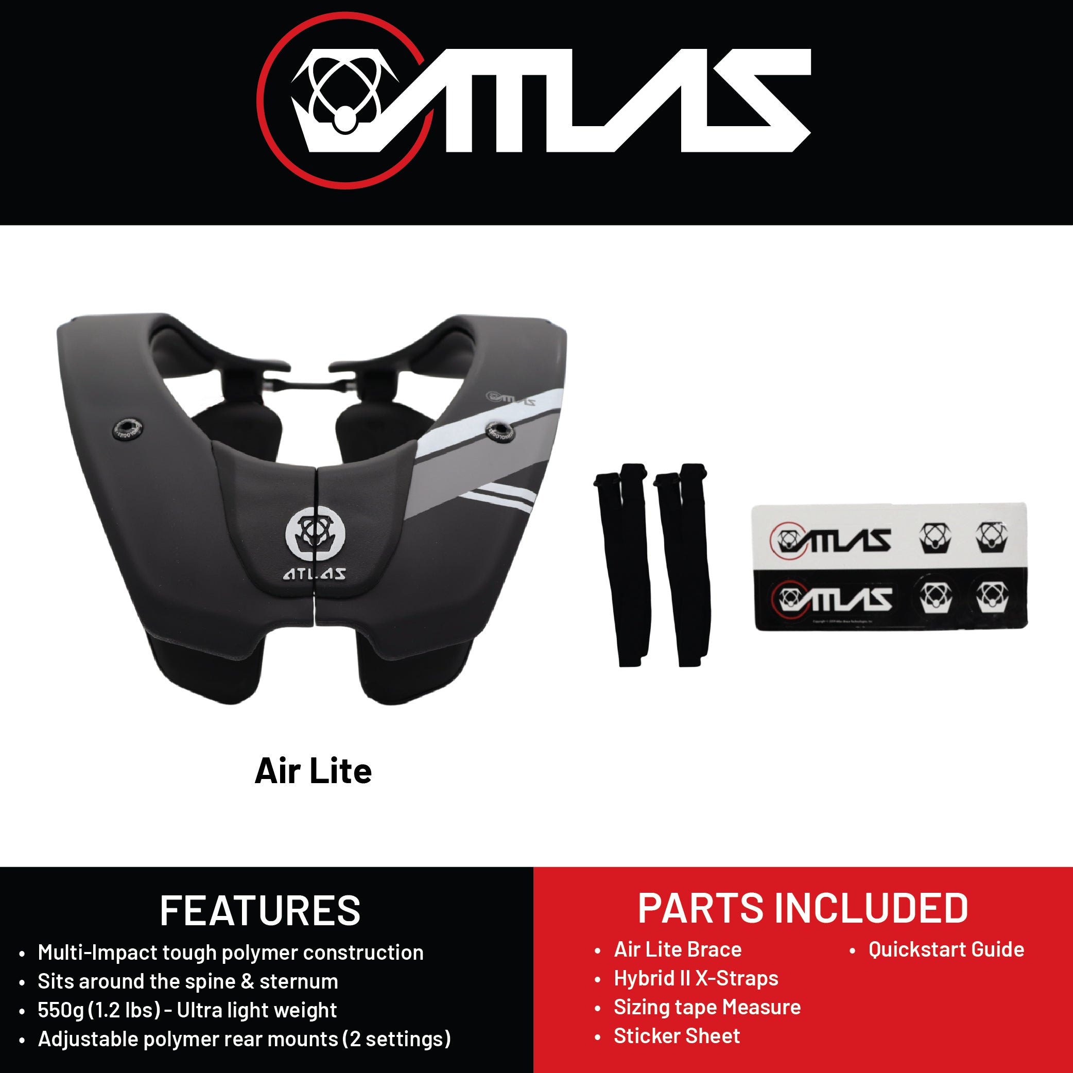 Atlas Air Lite Anti-Compression Sport Neck Brace (Adult - Small) for Use In: Powersports, Offroad Racing, Motocross, Mountain Biking, BMX, Snowmobiling, Snowboarding (Black)