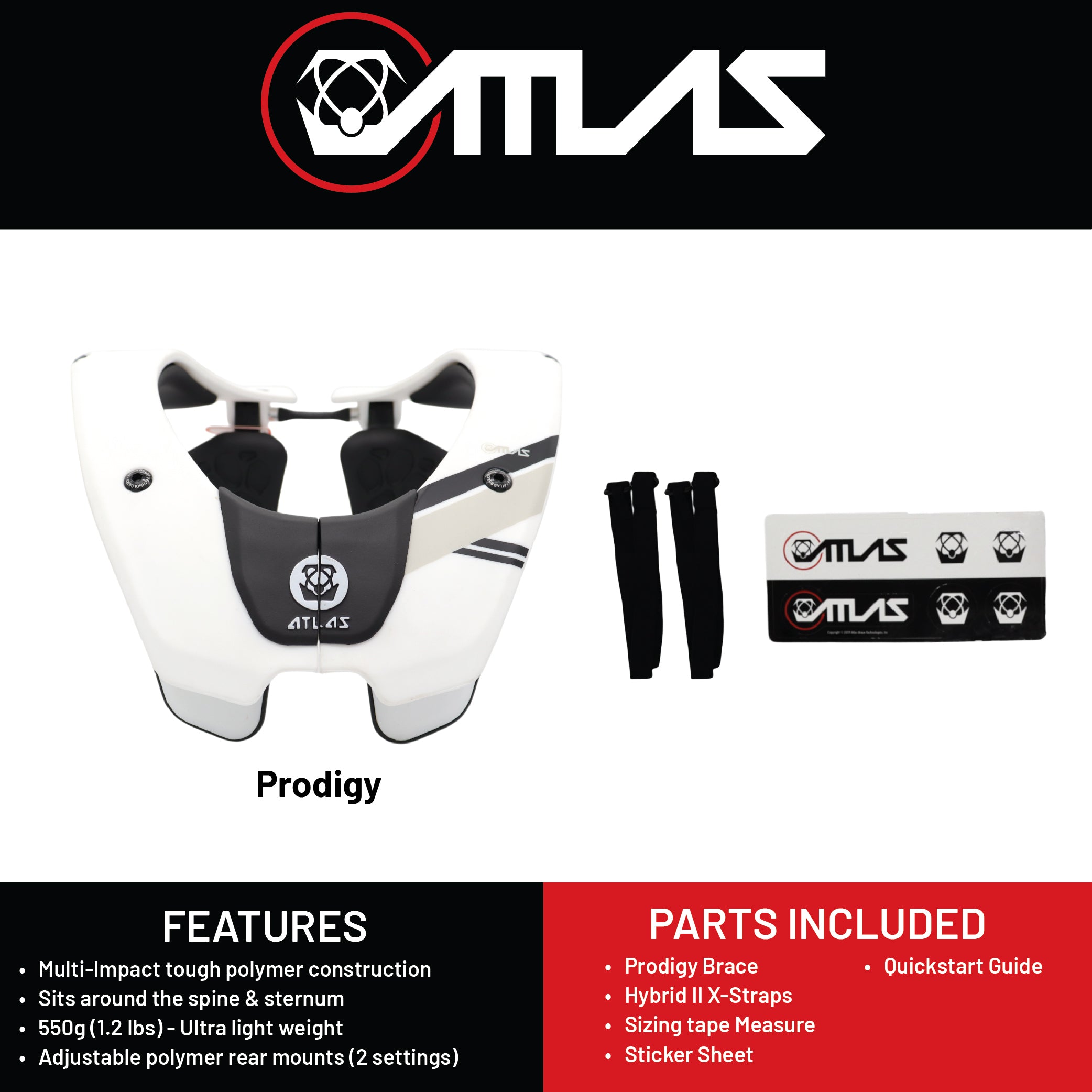 Atlas Prodigy Anti-Compression Sport Neck Brace (Youth) for Use In: Powersports, Offroad Racing, Motocross, Mountain Biking, BMX, Snowmobiling, Snowboarding (White)