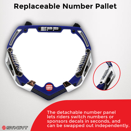 SYNDYT Pro Front Number Plate System for BMX / Electric Bikes - Universal, High Density,  Impact Resistant, Seven‑Piece Modular Design (Blue / Chrome) SP-NP25LGC-BL