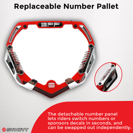 SYNDYT Pro Front Number Plate System for BMX / Electric Bikes - Universal, High Density,  Impact Resistant, Seven‑Piece Modular Design (Red / Chrome) SP-NP25LGC-RD