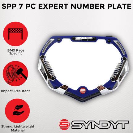 SYNDYT Expert Front Number Plate System for BMX / Electric Bikes - Universal, High Density,  Impact Resistant, Seven‑Piece Modular Design (Blue / Chrome) SP-NP25SMC-BL