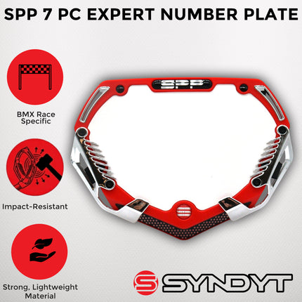 SYNDYT Expert Front Number Plate System for BMX / Electric Bikes - Universal, High Density,  Impact-Resistant, Seven‑Piece Modular Design (Red / Chrome) SP-NP25SMC-RD