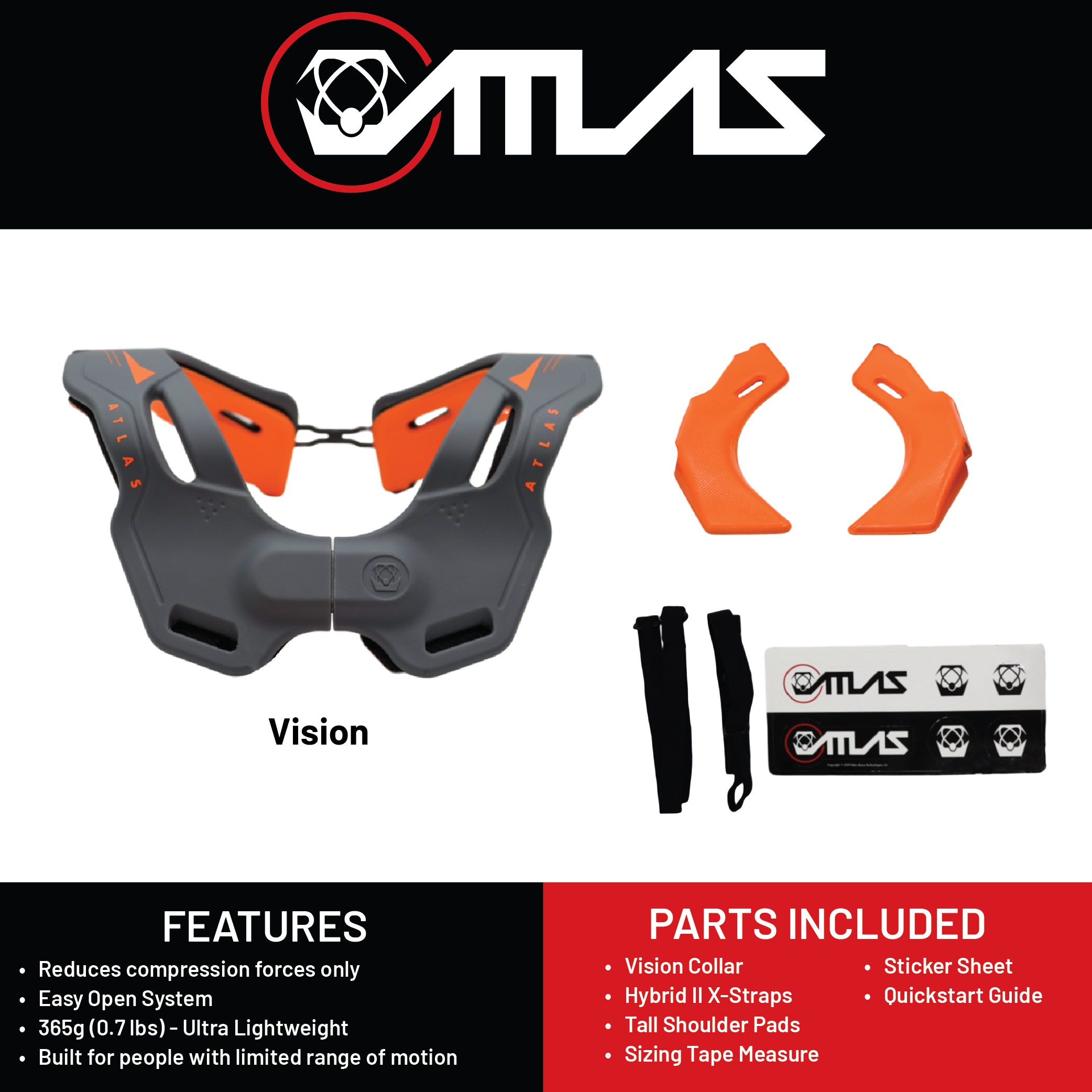 Atlas Brace Vision Anti-Compression Collar Neck Brace (Adult - Large/X-Large) for Use In: Powers, Offroad Racing, Motocross, Mountain Biking, and BMX (Grey/Orange)