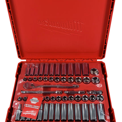 Milwaukee 3/8" Drive 56-Piece Ratchet & Socket Set - SAE & Metric, 90-Tooth Ratchet, Four Flat Sides, Slim Profile Sockets, Portable Case