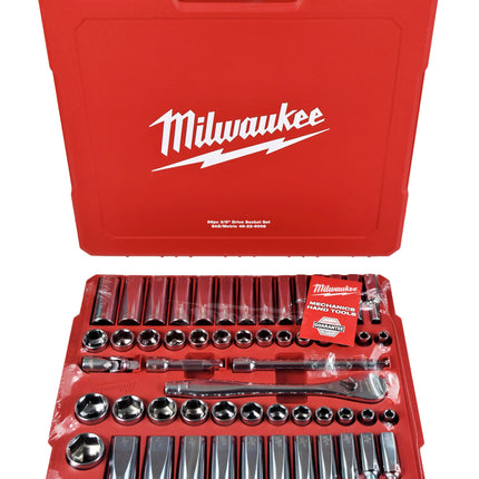 Milwaukee 3/8" Drive 56-Piece Ratchet & Socket Set - SAE & Metric, 90-Tooth Ratchet, Four Flat Sides, Slim Profile Sockets, Portable Case