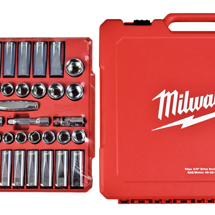 Milwaukee 3/8" Drive 56-Piece Ratchet & Socket Set - SAE & Metric, 90-Tooth Ratchet, Four Flat Sides, Slim Profile Sockets, Portable Case