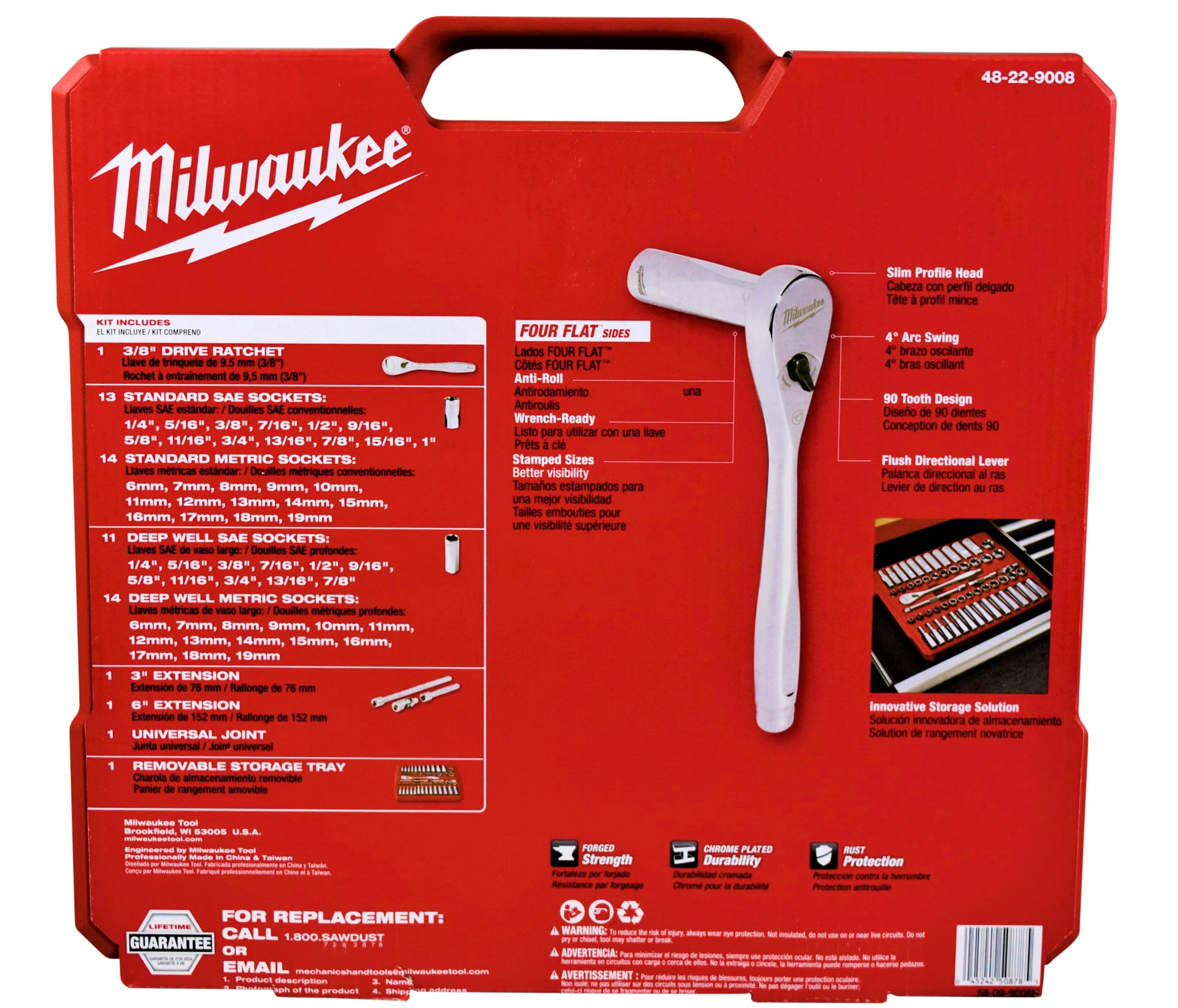 Milwaukee 3/8" Drive 56-Piece Ratchet & Socket Set - SAE & Metric, 90-Tooth Ratchet, Four Flat Sides, Slim Profile Sockets, Portable Case