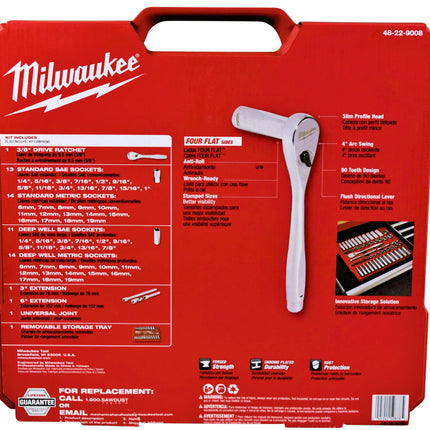 Milwaukee 3/8" Drive 56-Piece Ratchet & Socket Set - SAE & Metric, 90-Tooth Ratchet, Four Flat Sides, Slim Profile Sockets, Portable Case