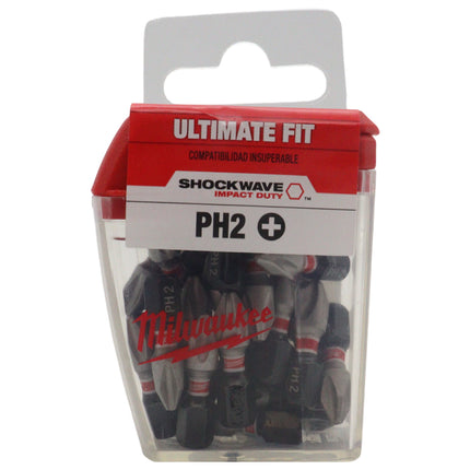 Milwaukee Shockwave Impact Duty 25-Piece Phillips #2 Insert Bit Contractor Pack – 1″ 1/4″ Hex Impact Driver Bits with Shockzone Torque-Absorbing Shank, Wear Guard Tip for Less Stripping