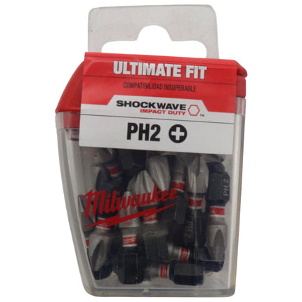 Milwaukee Shockwave Impact Duty 25-Piece Phillips #2 Insert Bit Contractor Pack – 1″ 1/4″ Hex Impact Driver Bits with Shockzone Torque-Absorbing Shank, Wear Guard Tip for Less Stripping