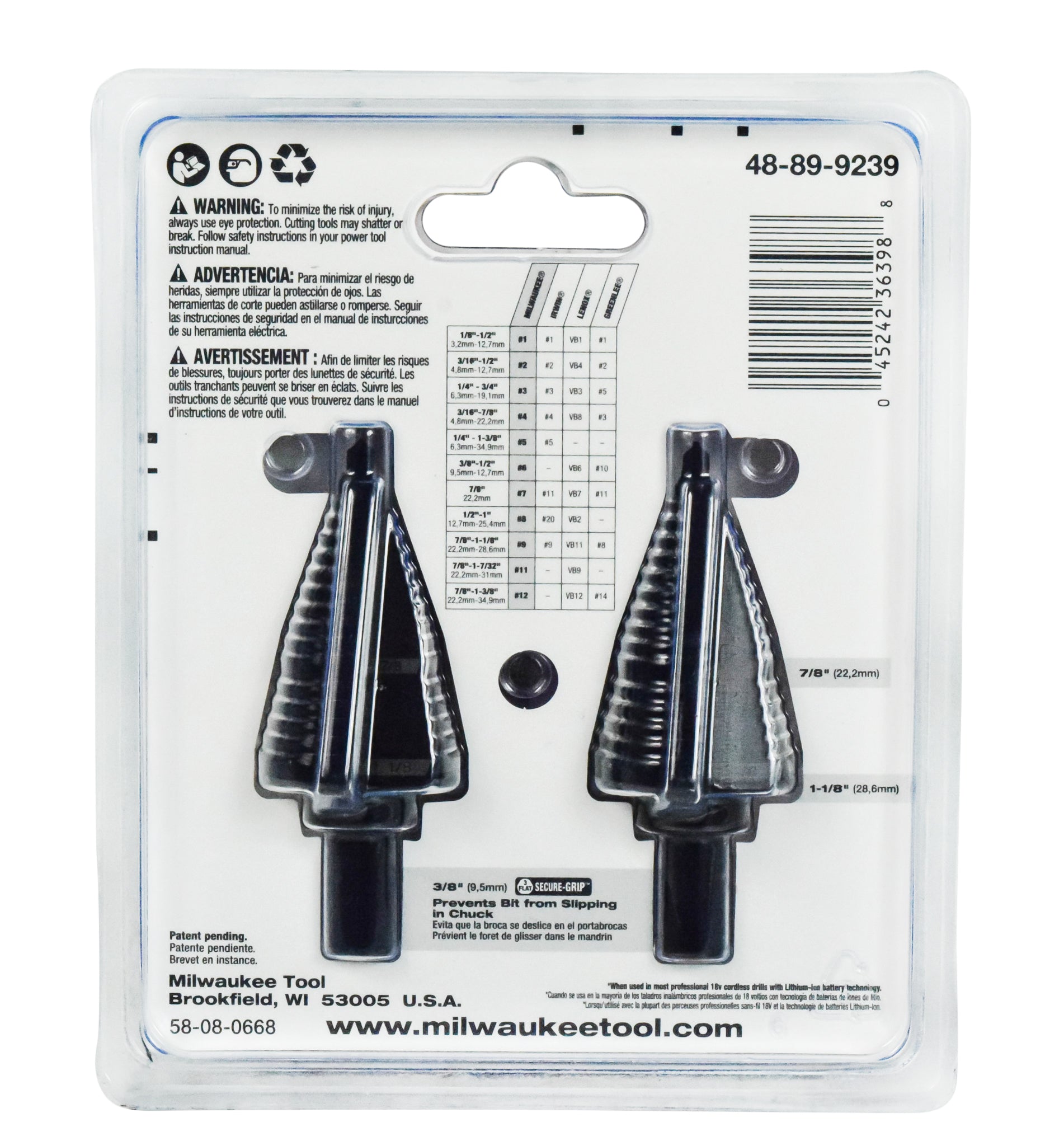 Milwaukee 48-89-9239 2 pc #9 step drill bit set, 7/8" - 1 1/8"