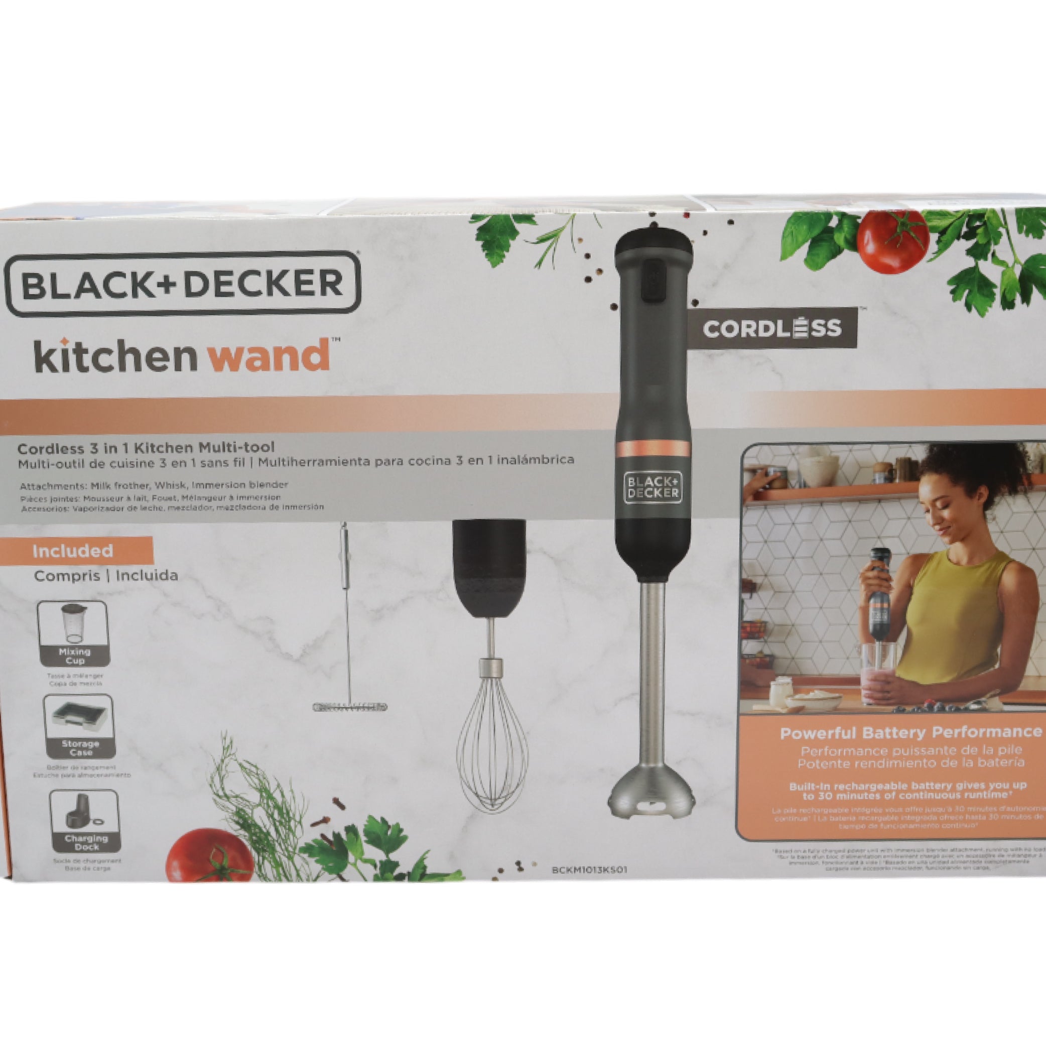 BLACK+DECKER BCKM1013K01 Kitchen Wand Cordless 3-in-1 Immersion Blender Set – Hand Blender with Whisk, Food Chopper & Charging Dock – 150W Motor, 2 Speeds, Stainless Steel Blades – Grey