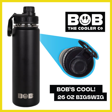 BOB THE COOLER CO - 26oz "The Big Swig" Double Wall Vacuum Insulated Water Bottle with Spout Lid, Made of Stainless Steel, Leak Proof, Great for Sports, Travel, & More