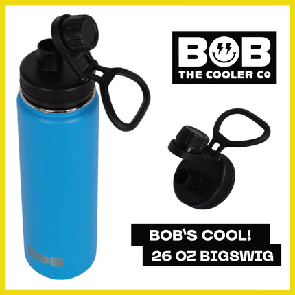 BOB THE COOLER CO - 26oz "The Big Swig" Double Wall Vacuum Insulated Water Bottle with Spout Lid, Made of Stainless Steel, Leak Proof, Great for Sports, Travel, & More