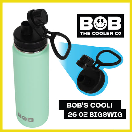 BOB THE COOLER CO - 26oz "The Big Swig" Double Wall Vacuum Insulated Water Bottle with Spout Lid, Made of Stainless Steel, Leak Proof, Great for Sports, Travel, & More