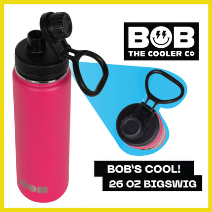 BOB THE COOLER CO - 26oz "The Big Swig" Double Wall Vacuum Insulated Water Bottle with Spout Lid, Made of Stainless Steel, Leak Proof, Great for Sports, Travel, & More