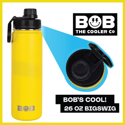 BOB THE COOLER CO - 26oz "The Big Swig" Double Wall Vacuum Insulated Water Bottle with Spout Lid, Made of Stainless Steel, Leak Proof, Great for Sports, Travel, & More