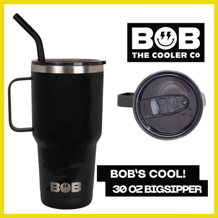 BOB THE COOLER CO - 30oz "The Big Sipper" Heavy Duty Double Wall Vacuum Insulated Tumbler with Straw and Handle, Made of Stainless Steel, Great for Travel, Beach, & More