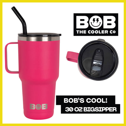 BOB THE COOLER CO - 30oz "The Big Sipper" Heavy Duty Double Wall Vacuum Insulated Tumbler with Straw and Handle, Made of Stainless Steel, Great for Travel, Beach, & More