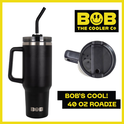 BOB THE COOLER CO - 40oz "Roadie" Heavy Duty Double Wall Vacuum Insulated Tumbler with Straw and Handle, Made of Stainless Steel, Great for Travel, Beach, & More
