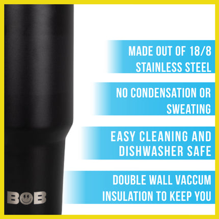 BOB THE COOLER CO - 40oz "Roadie" Heavy Duty Double Wall Vacuum Insulated Tumbler with Straw and Handle, Made of Stainless Steel, Great for Travel, Beach, & More