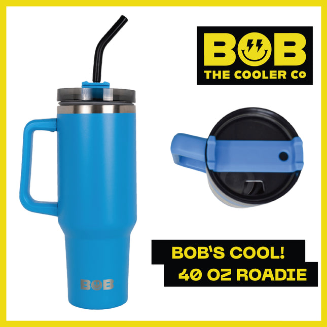 BOB THE COOLER CO - 40oz "Roadie" Heavy Duty Double Wall Vacuum Insulated Tumbler with Straw and Handle, Made of Stainless Steel, Great for Travel, Beach, & More