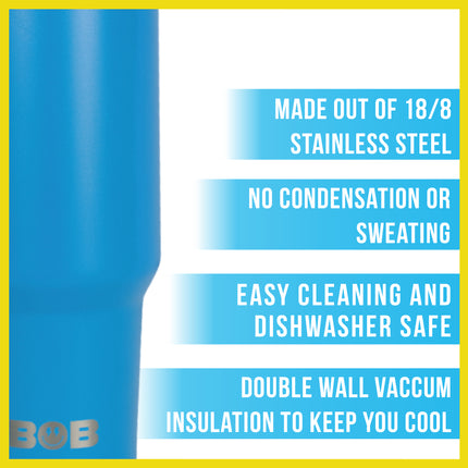 BOB THE COOLER CO - 40oz "Roadie" Heavy Duty Double Wall Vacuum Insulated Tumbler with Straw and Handle, Made of Stainless Steel, Great for Travel, Beach, & More