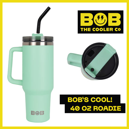 BOB THE COOLER CO - 40oz "Roadie" Heavy Duty Double Wall Vacuum Insulated Tumbler with Straw and Handle, Made of Stainless Steel, Great for Travel, Beach, & More