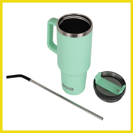 BOB THE COOLER CO - 40oz "Roadie" Heavy Duty Double Wall Vacuum Insulated Tumbler with Straw and Handle, Made of Stainless Steel, Great for Travel, Beach, & More