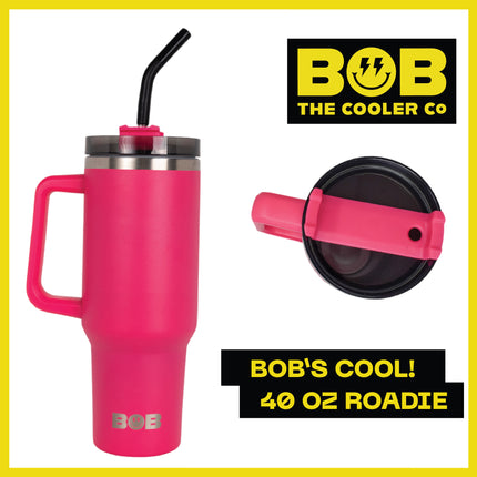 BOB THE COOLER CO - 40oz "Roadie" Heavy Duty Double Wall Vacuum Insulated Tumbler with Straw and Handle, Made of Stainless Steel, Great for Travel, Beach, & More