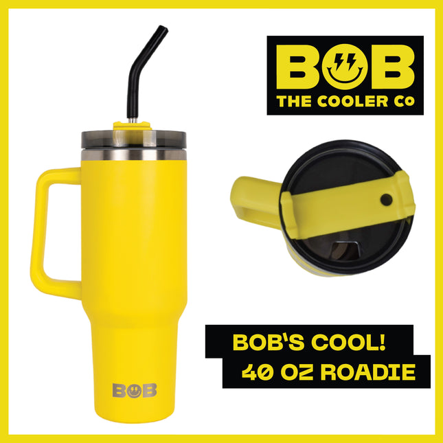 BOB THE COOLER CO - 40oz "Roadie" Heavy Duty Double Wall Vacuum Insulated Tumbler with Straw and Handle, Made of Stainless Steel, Great for Travel, Beach, & More