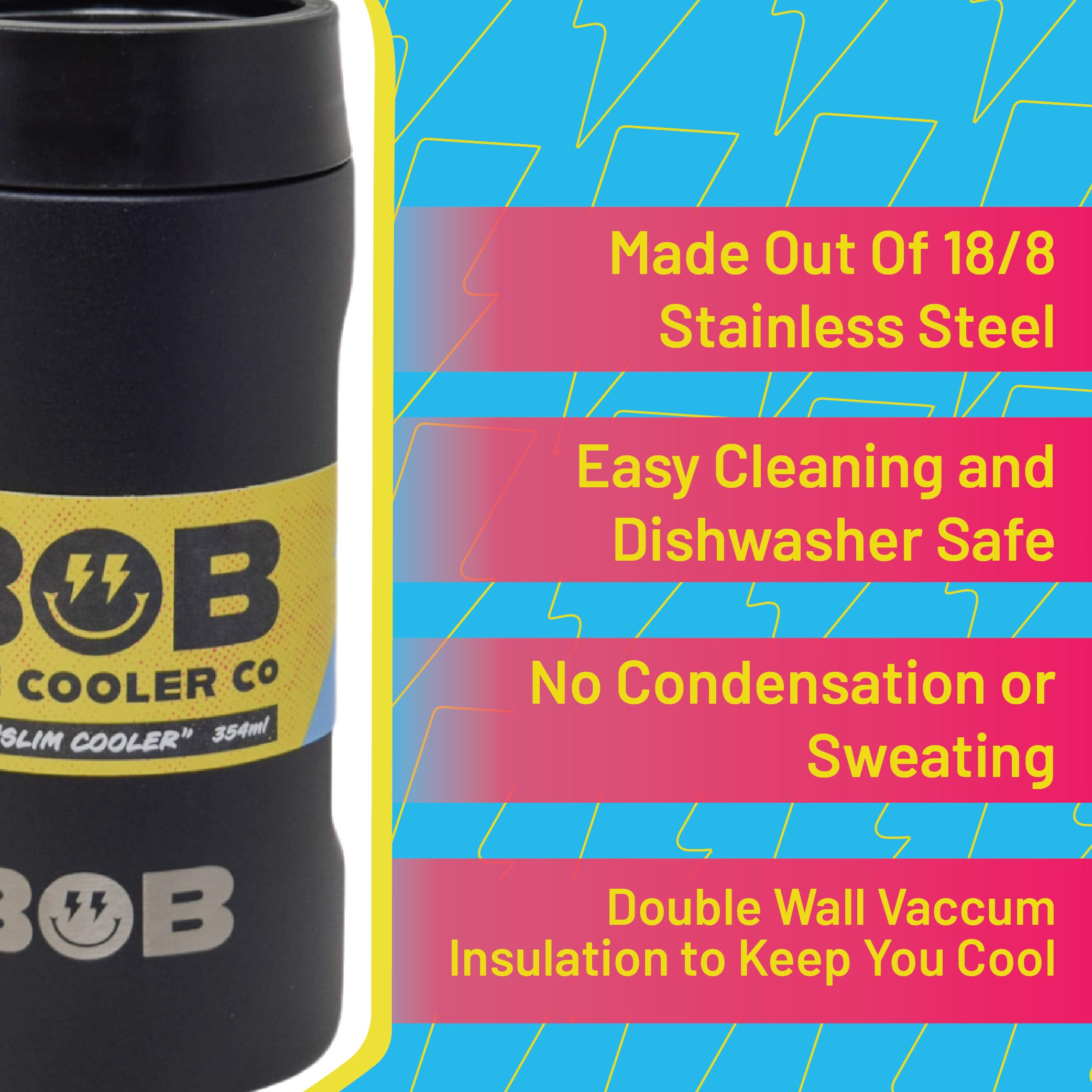 BOB THE COOLER CO - 12oz "Bob's Chillin" Double Wall Vacuum Insulated Slim Can Cooler, Stainless Steel Can Cooler for Camping Beverages, Drink, Beer, Beach & More