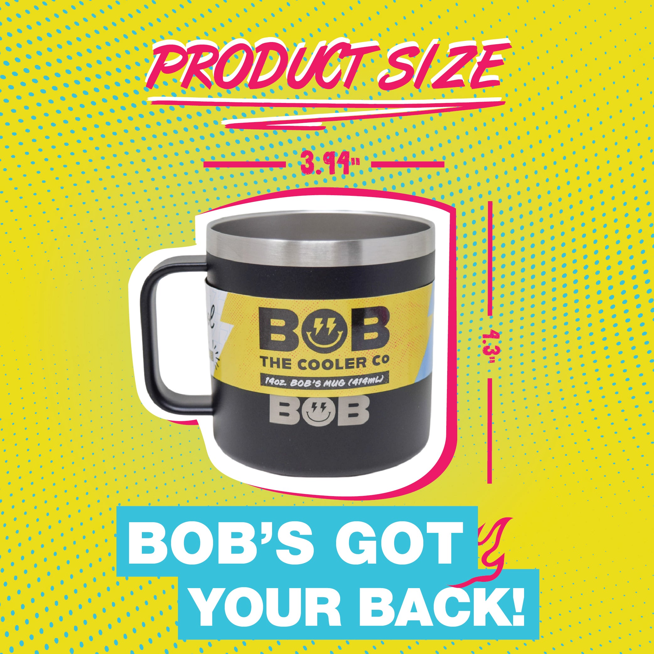 BOB THE COOLER CO - 14oz "Bob's Mug" Stainless Steel Double Wall Vacuum Insulated Coffee Mug with Lid and Handle - Top-Rack Dishwasher Safe