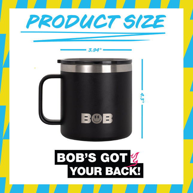 BOB THE COOLER CO - 14oz "Bob's Mug" Stainless Steel Double Wall Vacuum Insulated Coffee Mug with Lid and Handle - Top-Rack Dishwasher Safe