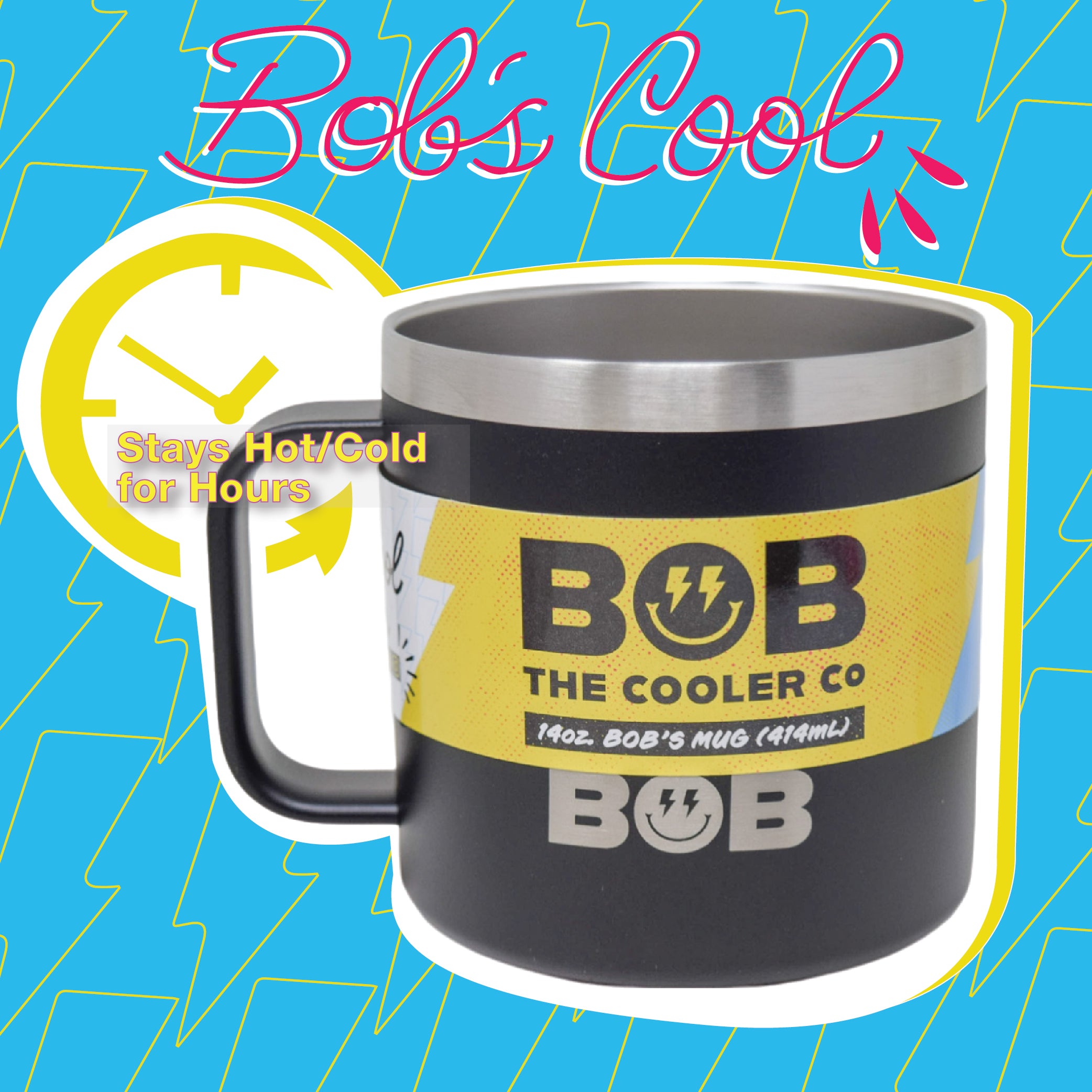 BOB THE COOLER CO - 14oz "Bob's Mug" Stainless Steel Double Wall Vacuum Insulated Coffee Mug with Lid and Handle - Top-Rack Dishwasher Safe