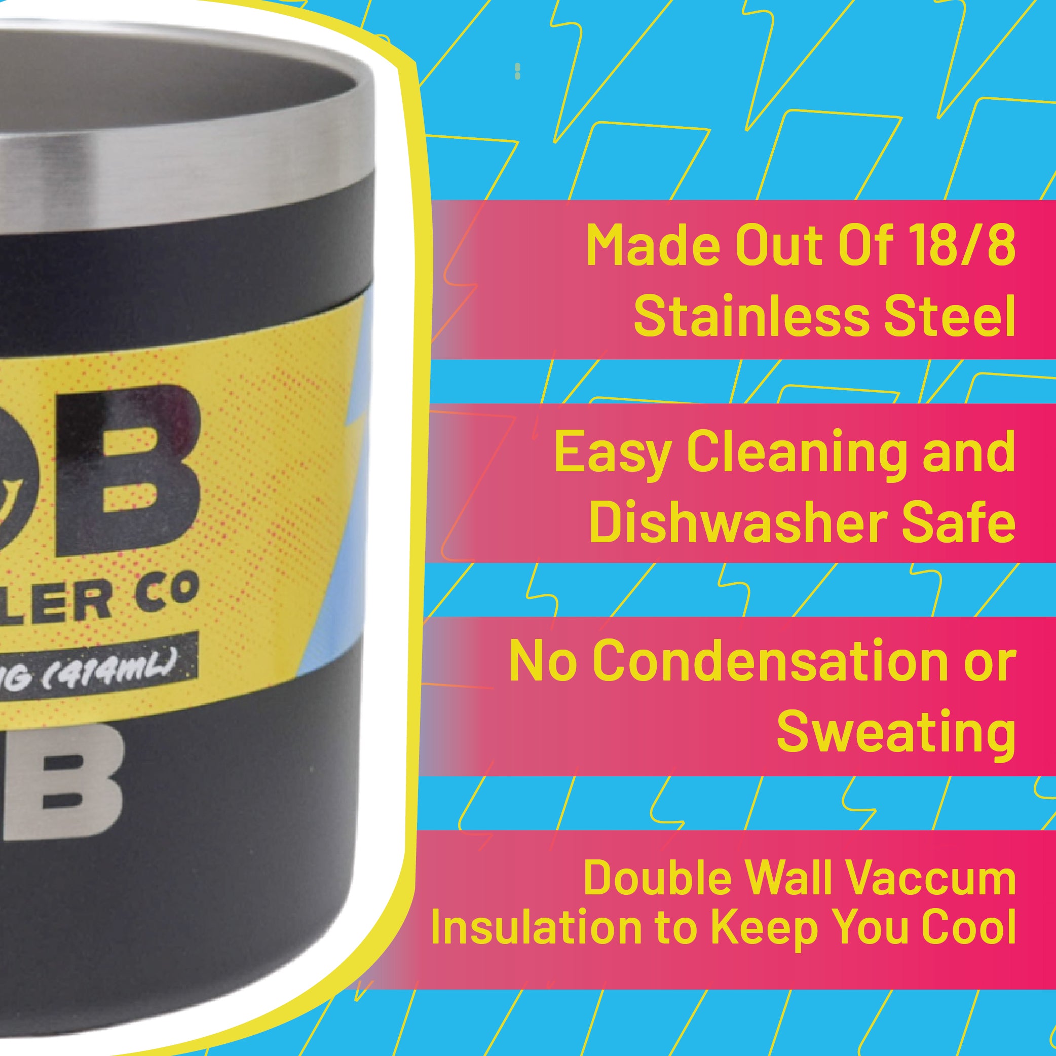 BOB THE COOLER CO - 14oz "Bob's Mug" Stainless Steel Double Wall Vacuum Insulated Coffee Mug with Lid and Handle - Top-Rack Dishwasher Safe