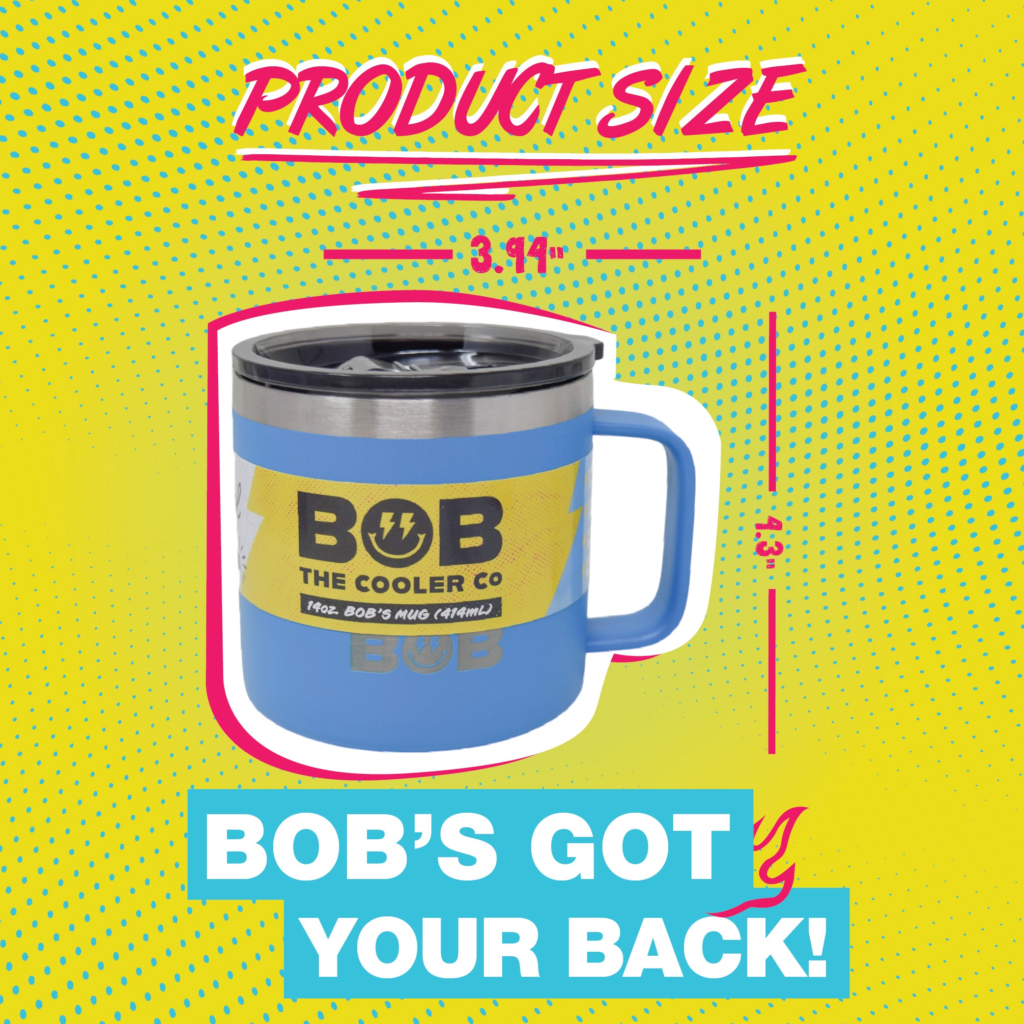 BOB THE COOLER CO - 14oz "Bob's Mug" Stainless Steel Double Wall Vacuum Insulated Coffee Mug with Lid and Handle - Top-Rack Dishwasher Safe