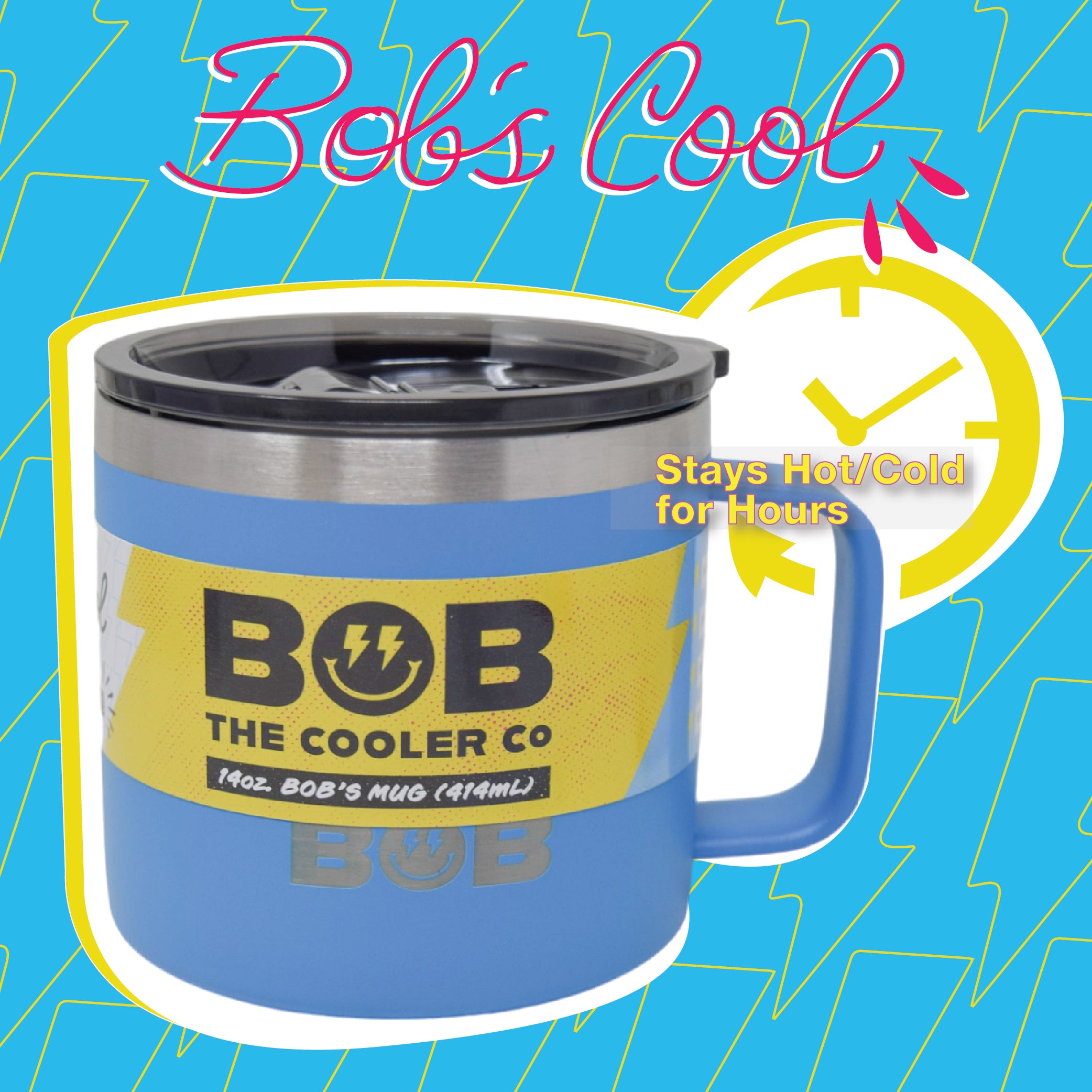 BOB THE COOLER CO - 14oz "Bob's Mug" Stainless Steel Double Wall Vacuum Insulated Coffee Mug with Lid and Handle - Top-Rack Dishwasher Safe